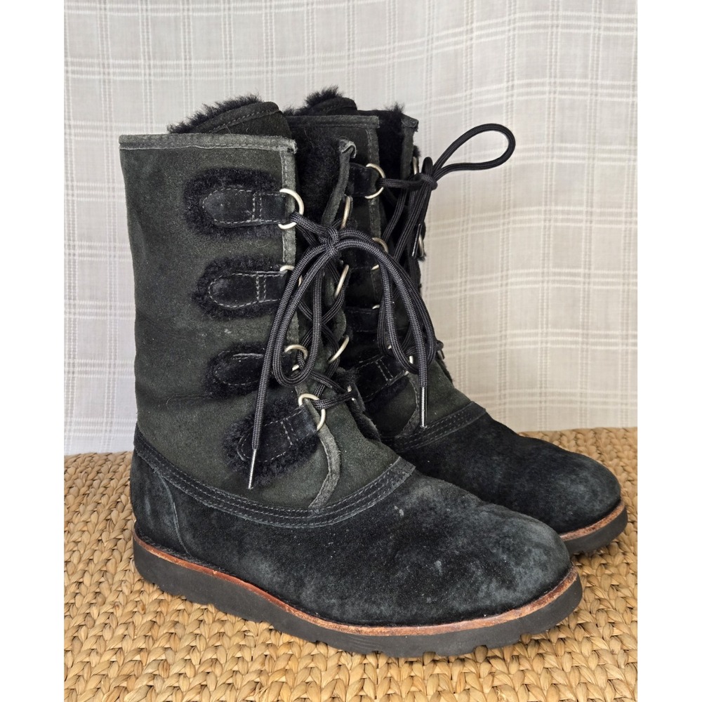 UGG Rommy Lace Up Winter Boots Womens Size 7 Black Leather Sheepskin Snow Warm